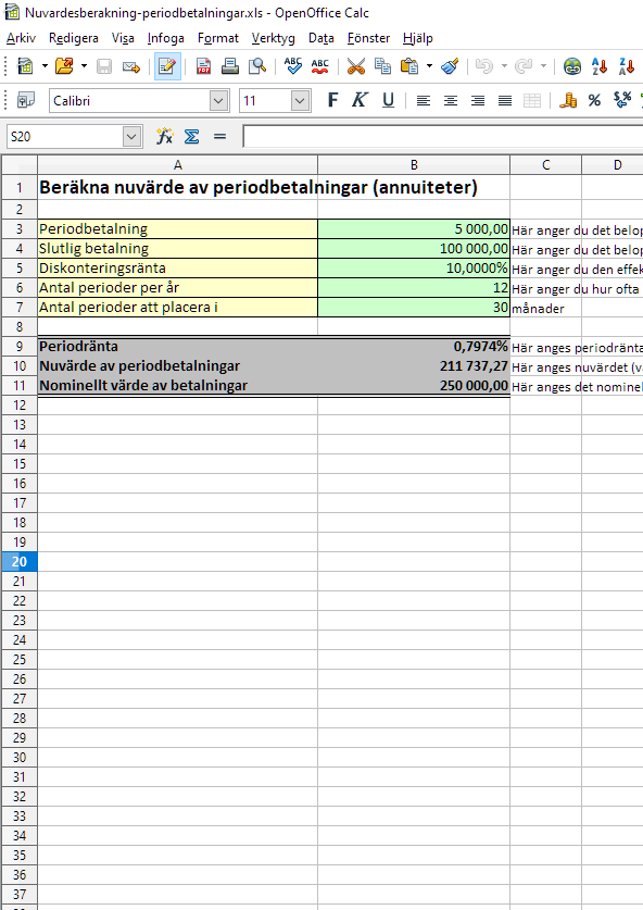 Bild av Nuvärdesberäkning av periodbetalningar (annuiteter)