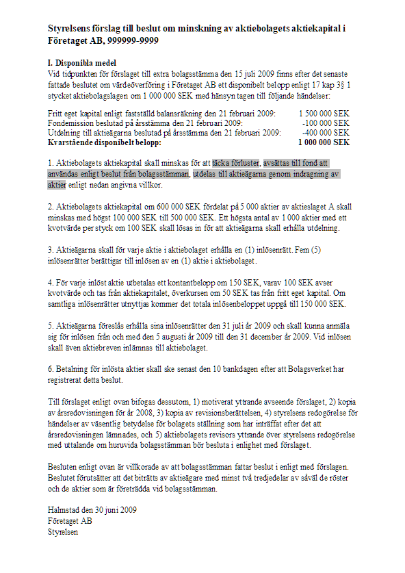 Bild av Styrelsens förslag till minskning av aktiekapital