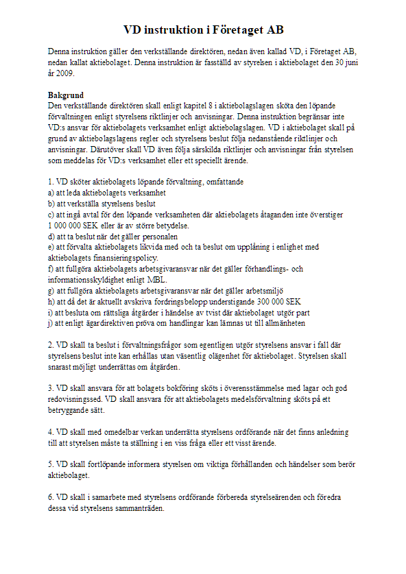 Bild av VD-instruktion, riktlinjer och anvisningar för VD